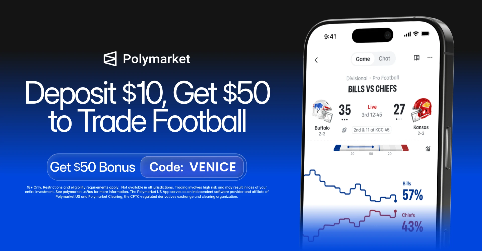 Polymarket — Deposit $10, get a $50 trading bonus. iPhone-only US prediction market app. Use promo code VENICE.