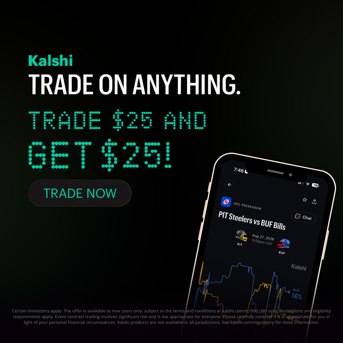 Kalshi — Trade on anything. Trade $25 and get $25 with promo code VENICE. CFTC-regulated prediction market.