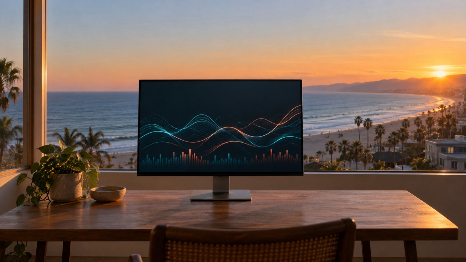 A plain monitor showing decorative, unlabeled cyan and coral lines beside the Venice Beach coast.