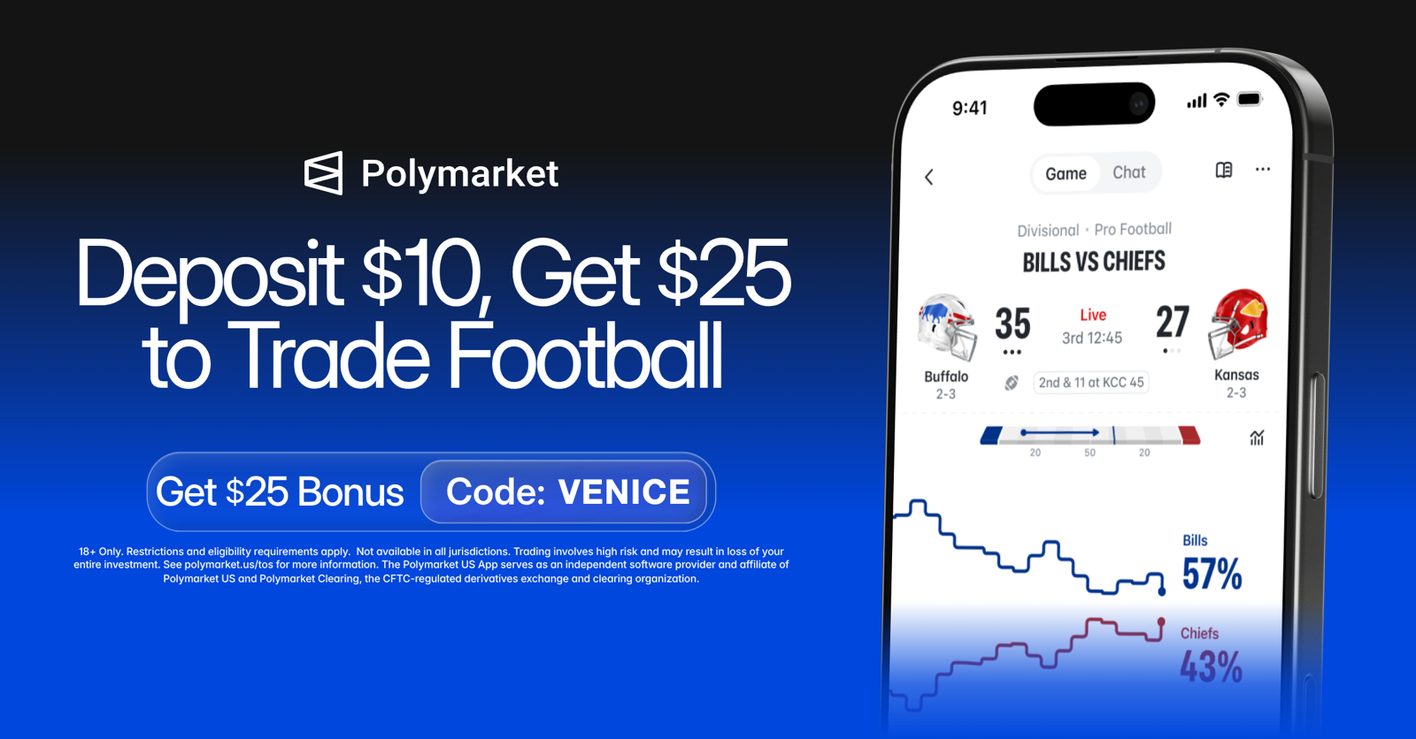 Polymarket: deposit $10, get a $25 trading bonus with code VENICE