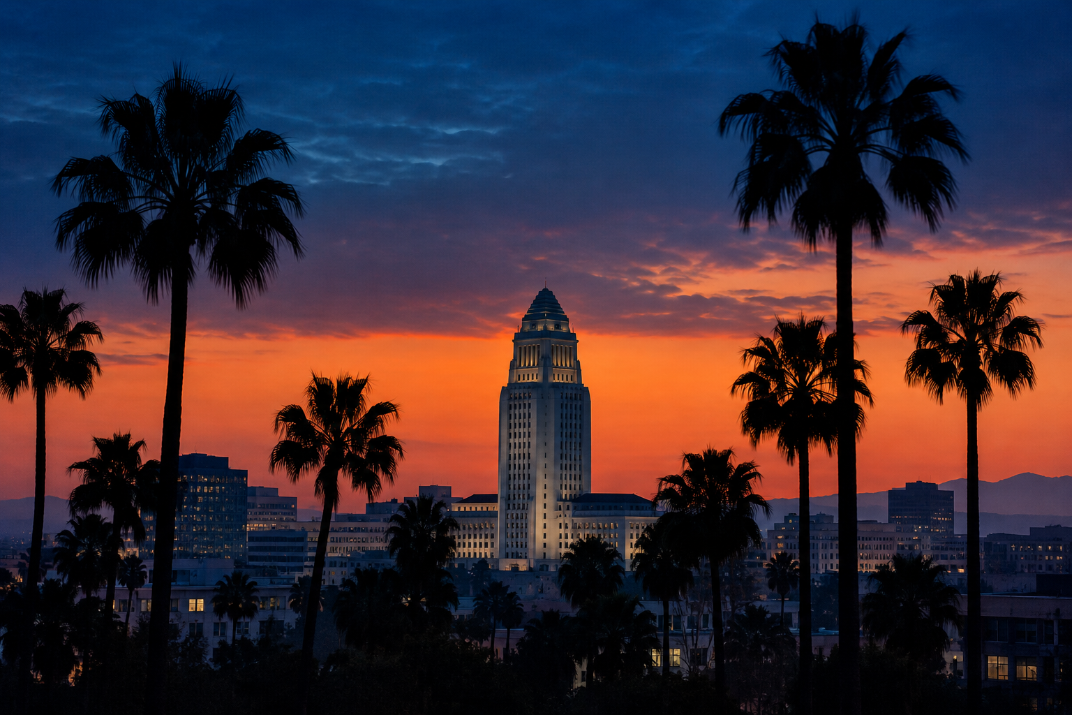 A tall white city hall tower with a pyramid top seen between black palm silhouettes against a coral dusk sky.