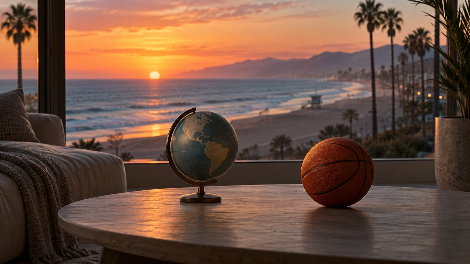 An unlabeled globe and unmarked basketball beside a window facing the Los Angeles Pacific coast.