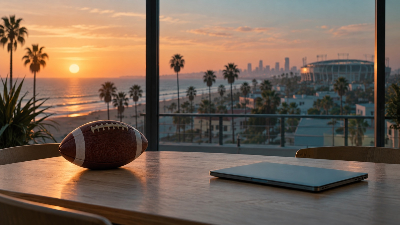 A plain American football and unmarked closed laptop on a table overlooking the Los Angeles coast.